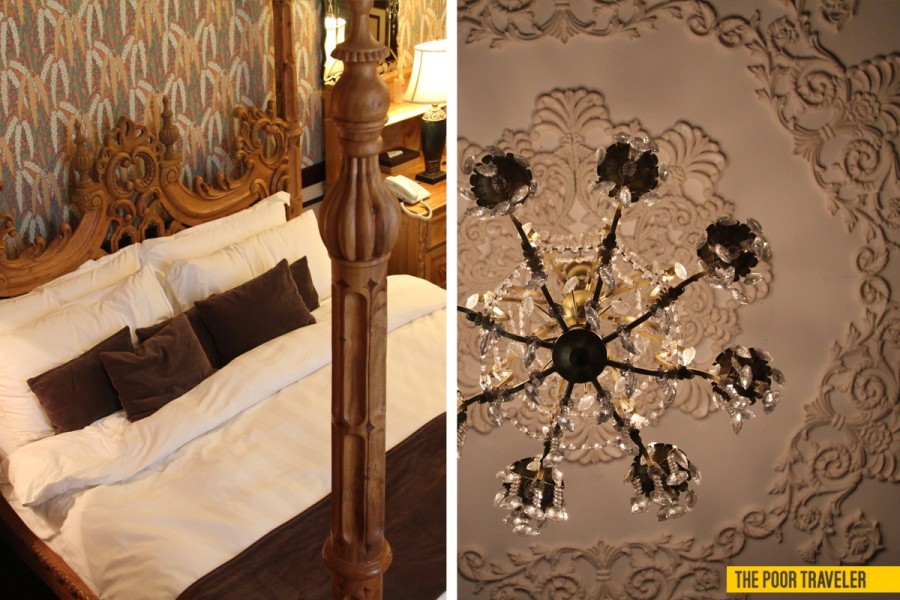 Left: A 4-post, king-size bed fit for royalty Right: Details of a chandelier