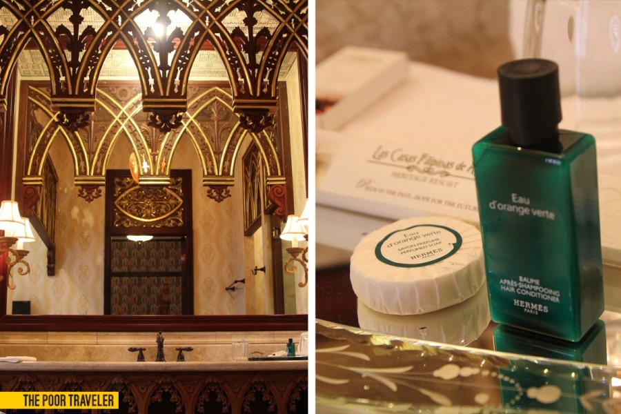 Left: Inside the bathroom at a Casa Bizantina suite Right: Hermes bath essentials