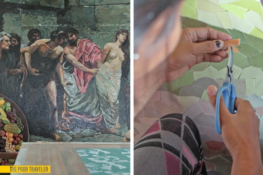 Left: A mosaic replica of Felix Resureccion Hidalgo's Las virgenes Cristianas expuestas al populacho Right: Colored fiberglass are cut into pieces to form the mosaic