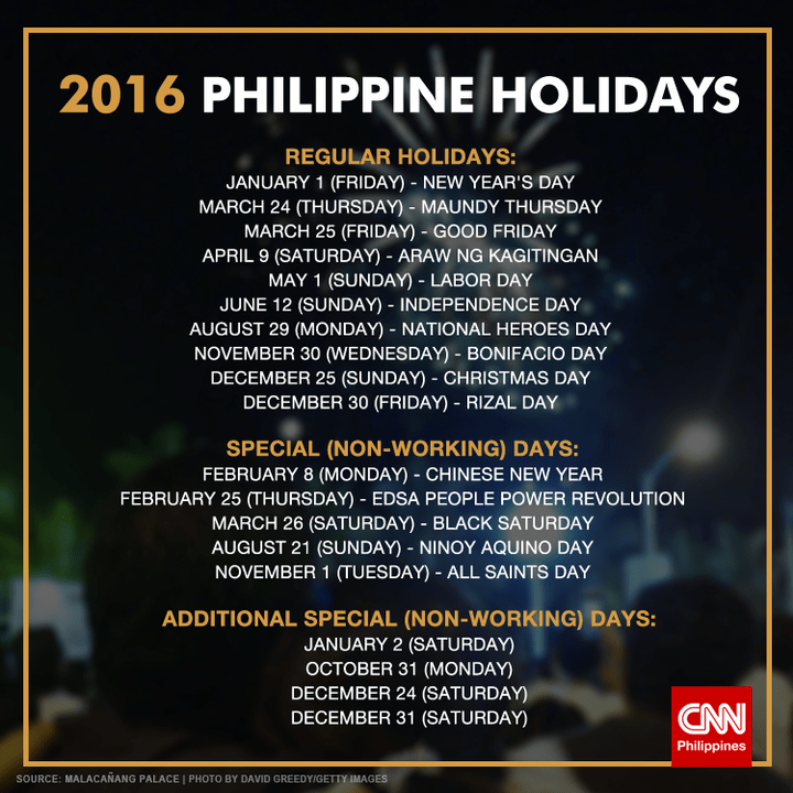 2016 Philippine Holidays