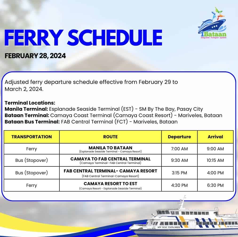 1Bataan Integrated Transport System Manila to Bataan Ferry  Service Schedule