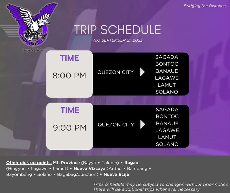 Coda Lines Manila to Sagada Trip Schedule