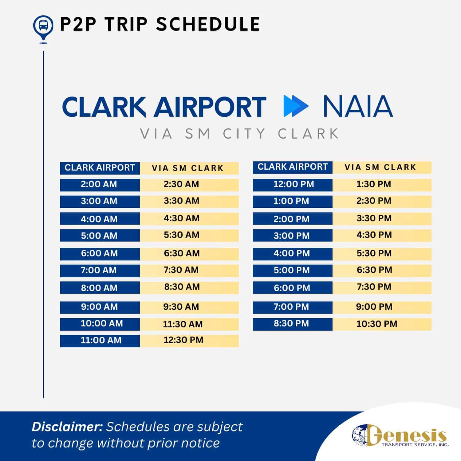 Genesis Clark Airport to NAIA Bus Schedule