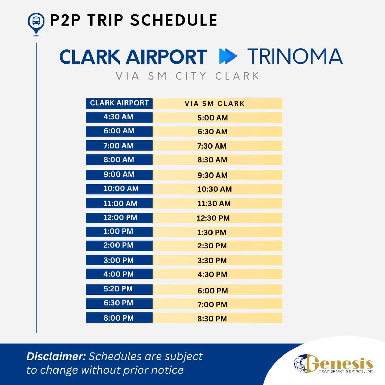 Genesis Clark Airport to Trinoma Bus Schedule