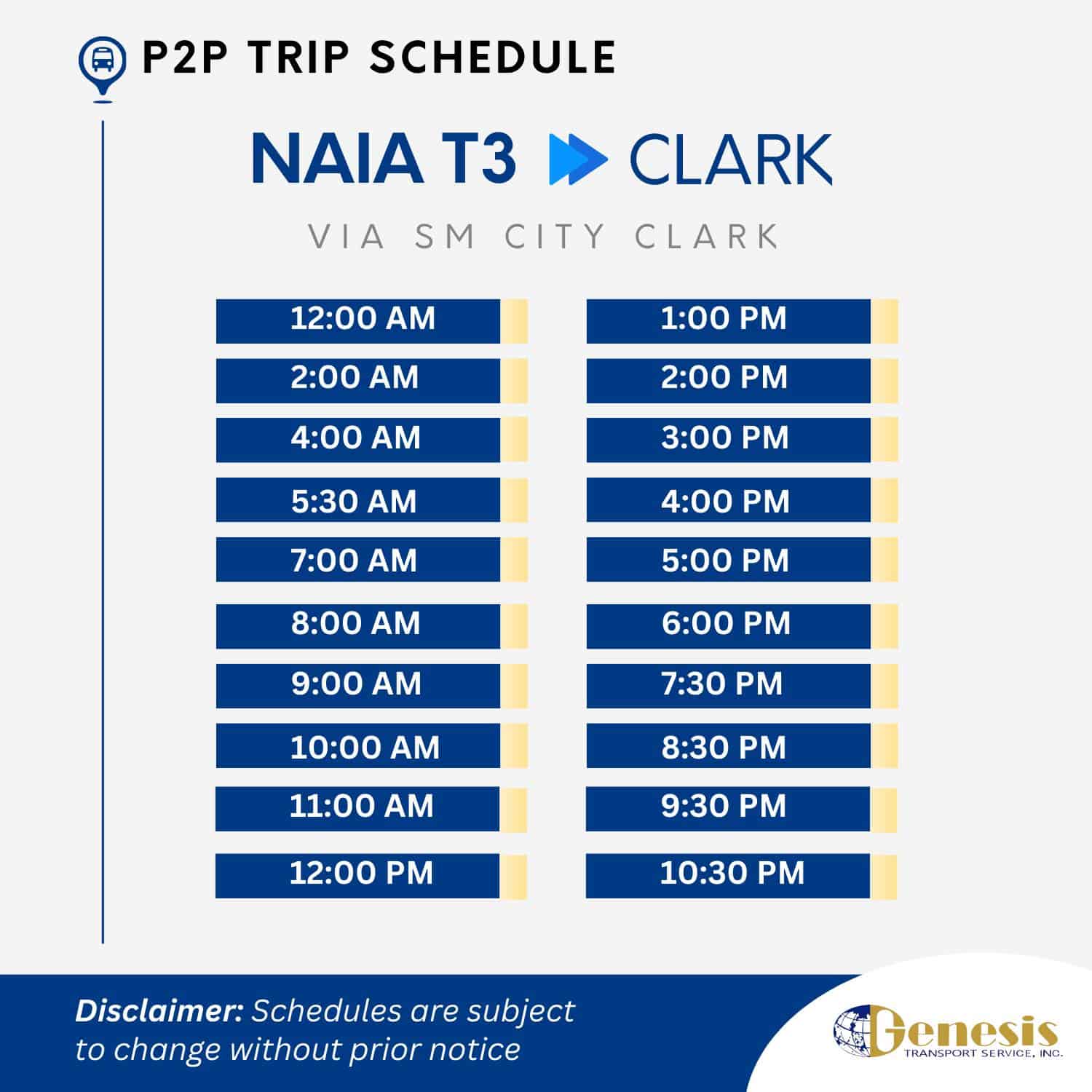 Genesis NAIA to Clark Airport Bus Schedule