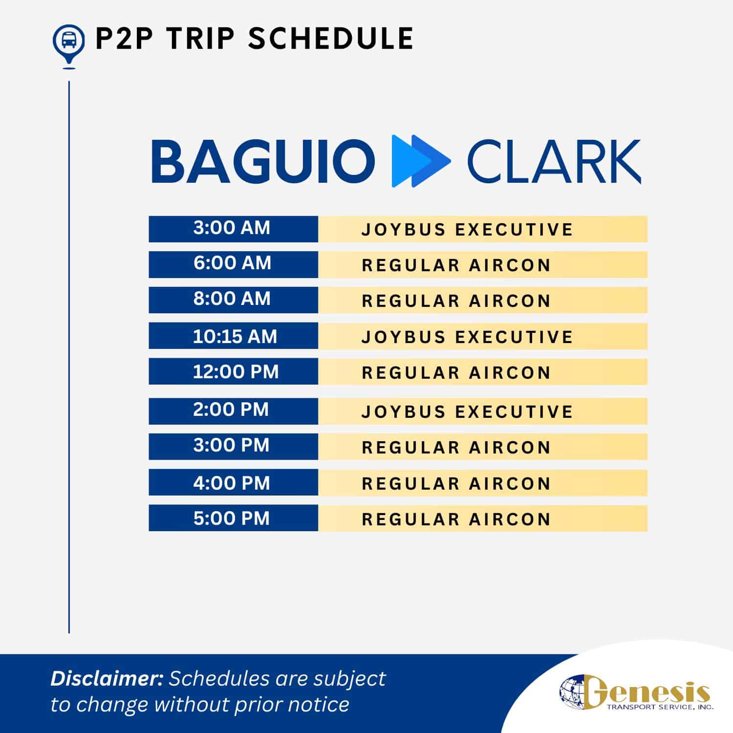 Genesis Baguio to Clark Airport Bus Schedule