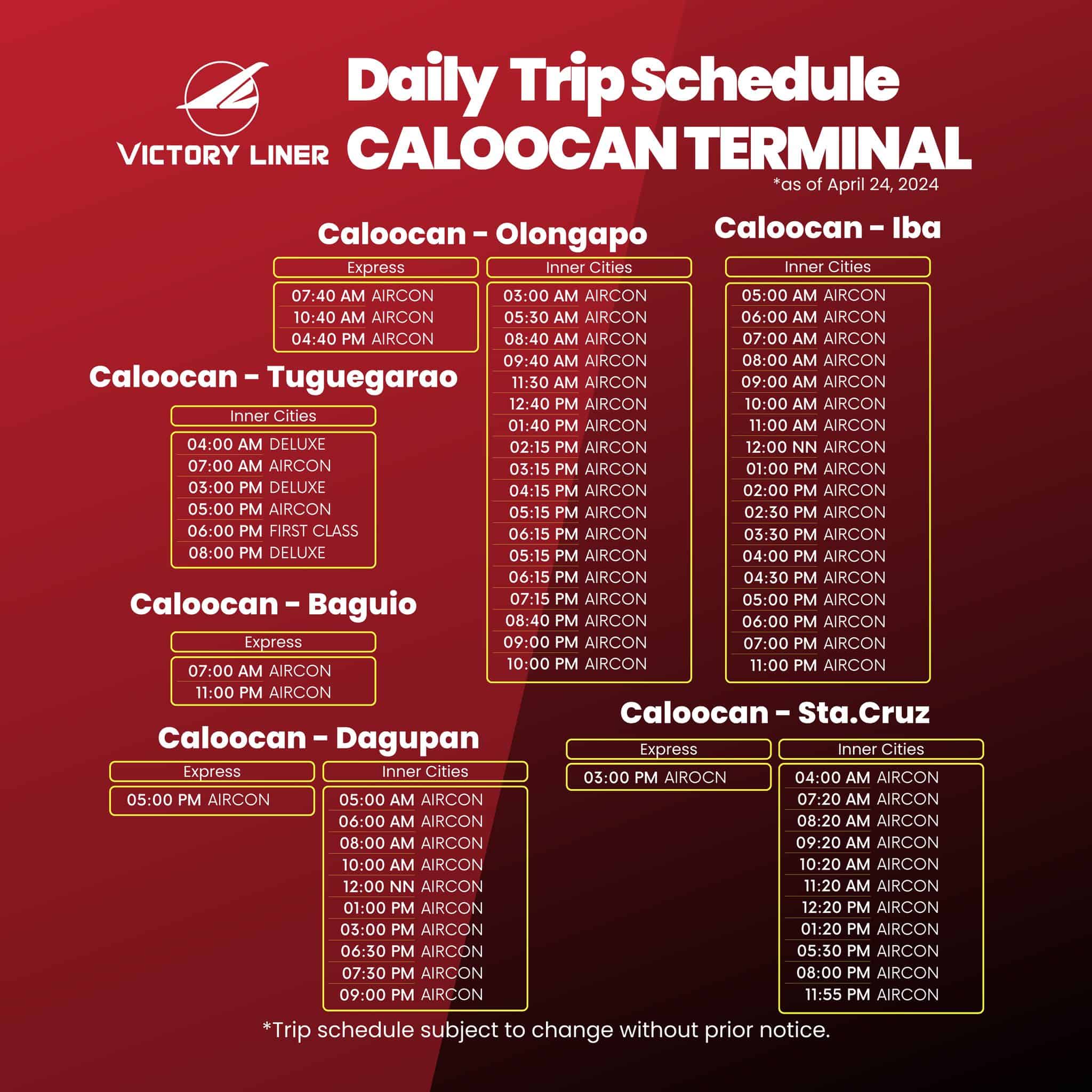 Caloocan Terminal Schedules Victory Liner