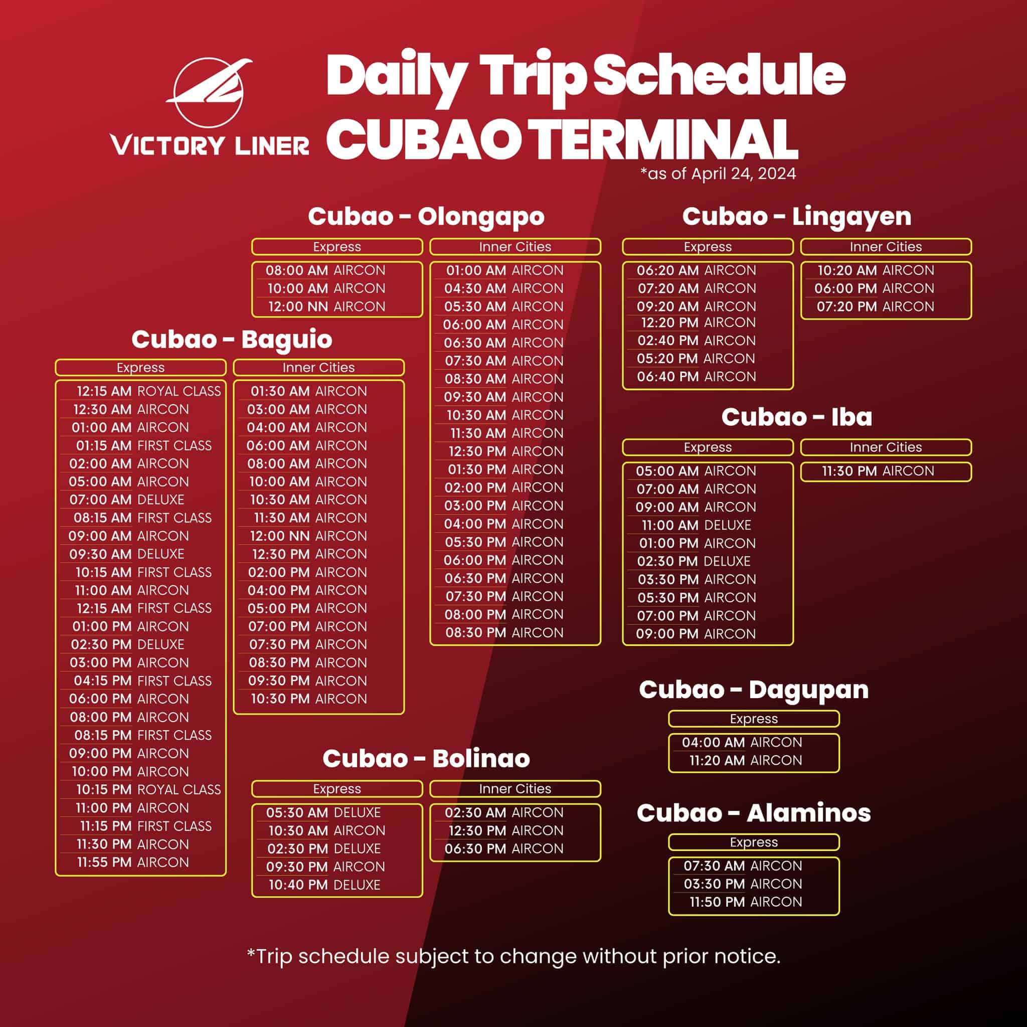 Cubao Terminal Schedules Victory Liner