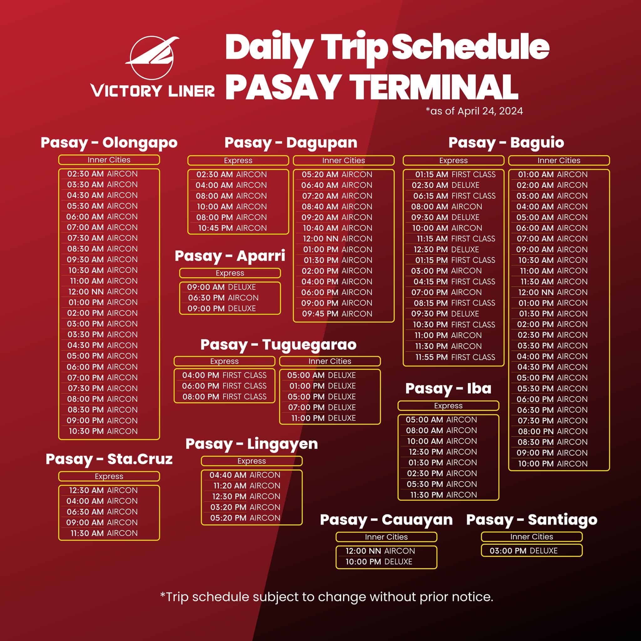 Pasay Terminal Schedules Victory Liner